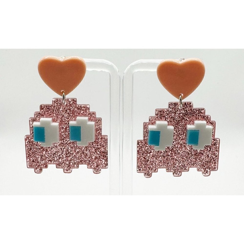 Pink Glitter Pixel Ghost Heart Drop Earrings - Unbranded